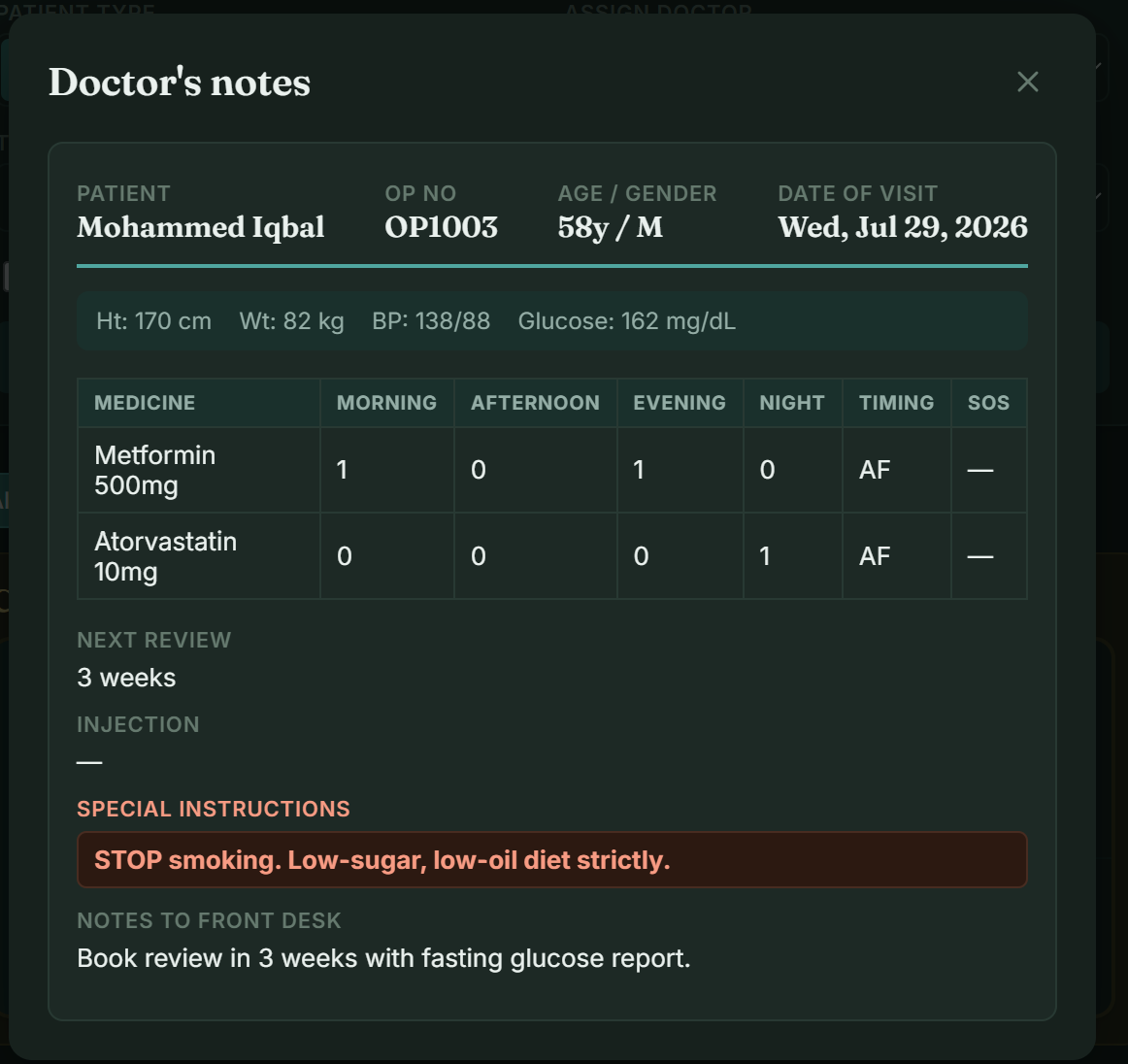 Doctor's notes modal with patient details, vitals, medicine dosage table, next review and special instructions