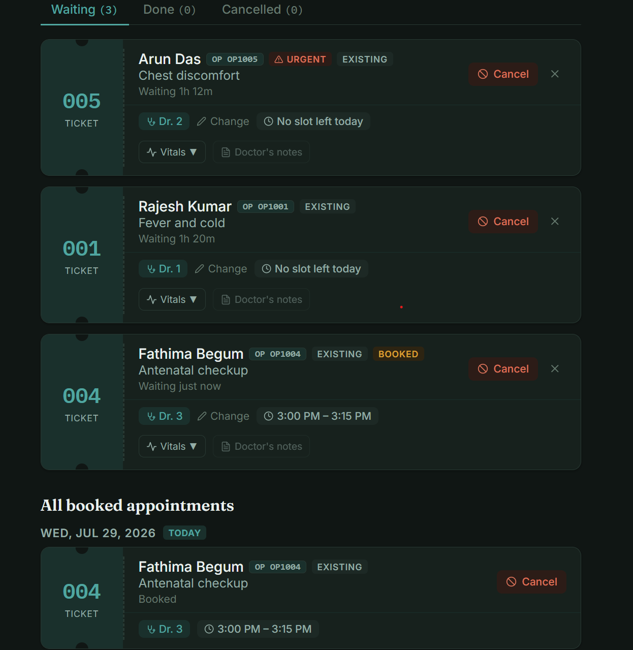 Front-desk queue tabs showing waiting tickets with doctor reassignment, cancel actions and all booked appointments with time slots